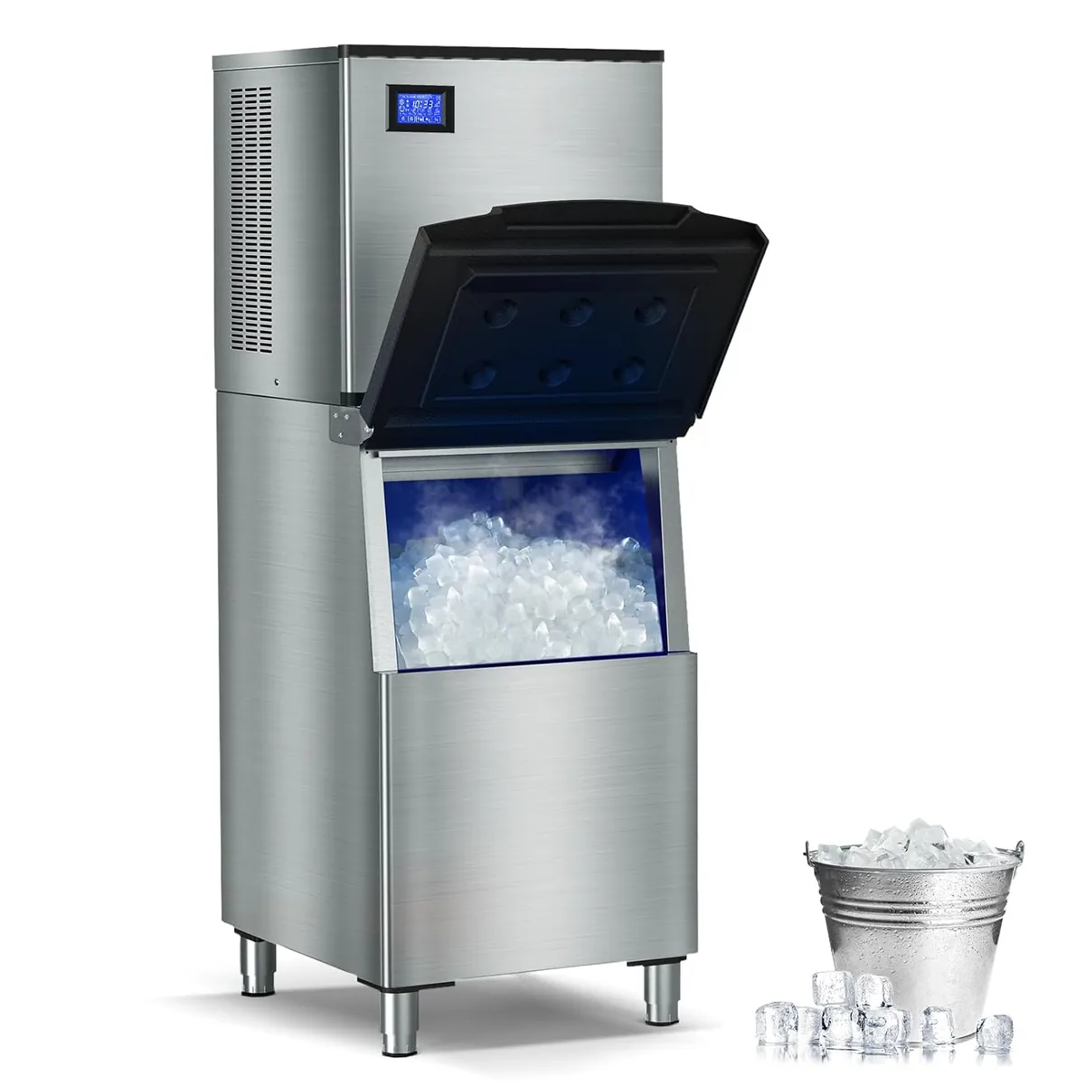SOZT Commercial Ice Maker Machine 650LBS/24H with 350LBS Ice Storage Bin – 182 Cubes per Cycle in 6-15 Mins, Stainless Steel Industrial Ice Machine for Restaurants, Bars, Cafes & Business Use