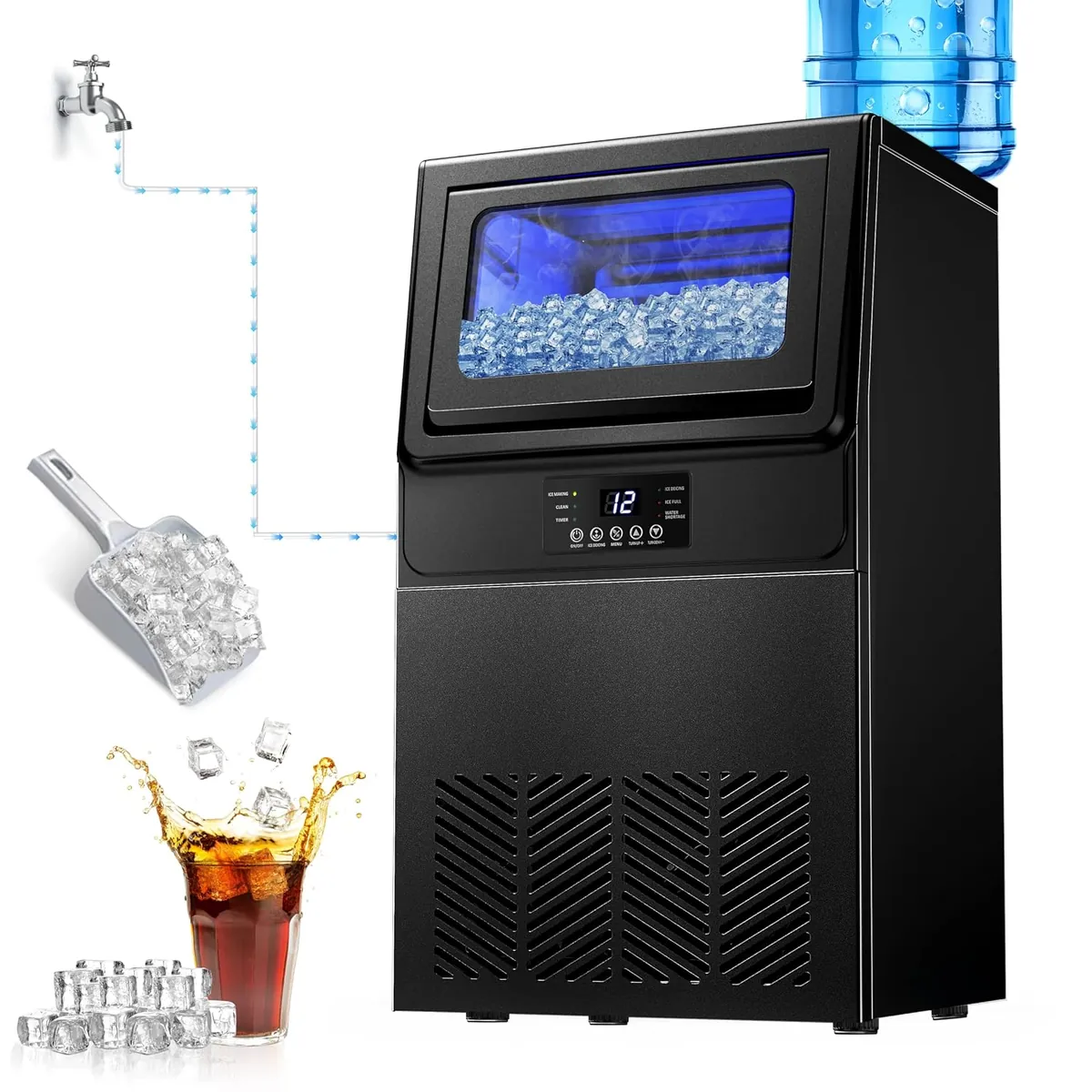 SOZT High-Efficiency Commercial Ice Maker: 100 lbs Daily Production, Stainless Steel Under Counter Ice Machine, 25 lbs Ice Storage Capacity, Dual Water Inlet
